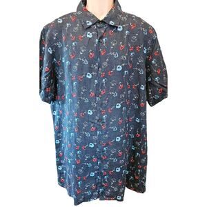 Red white blue patriotic Floral Print Linen Short Sleeve Button Down XLT XL TALL